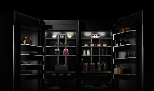 Two open JennAir columns stocked with luxurious ingredients and fine foods.