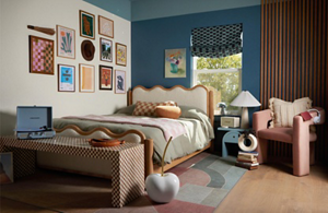 A whimsical blue bedroom with checkerboard details