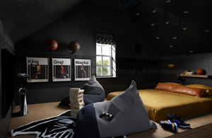 A dark, moody bedroom with sage green accents