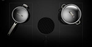 A topdown view of the cooktop with two pans on its surface.